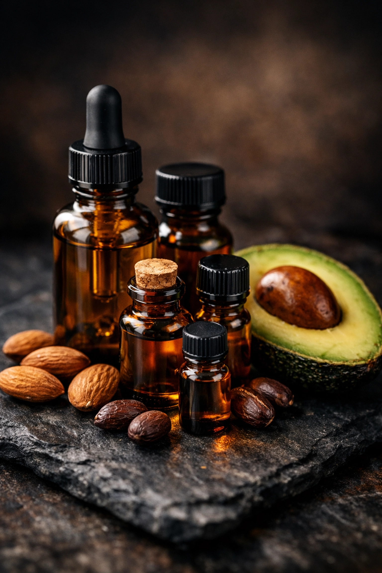 Natural beard oil carrier ingredients like jojoba, almond, and avocado on a dark slate surface.