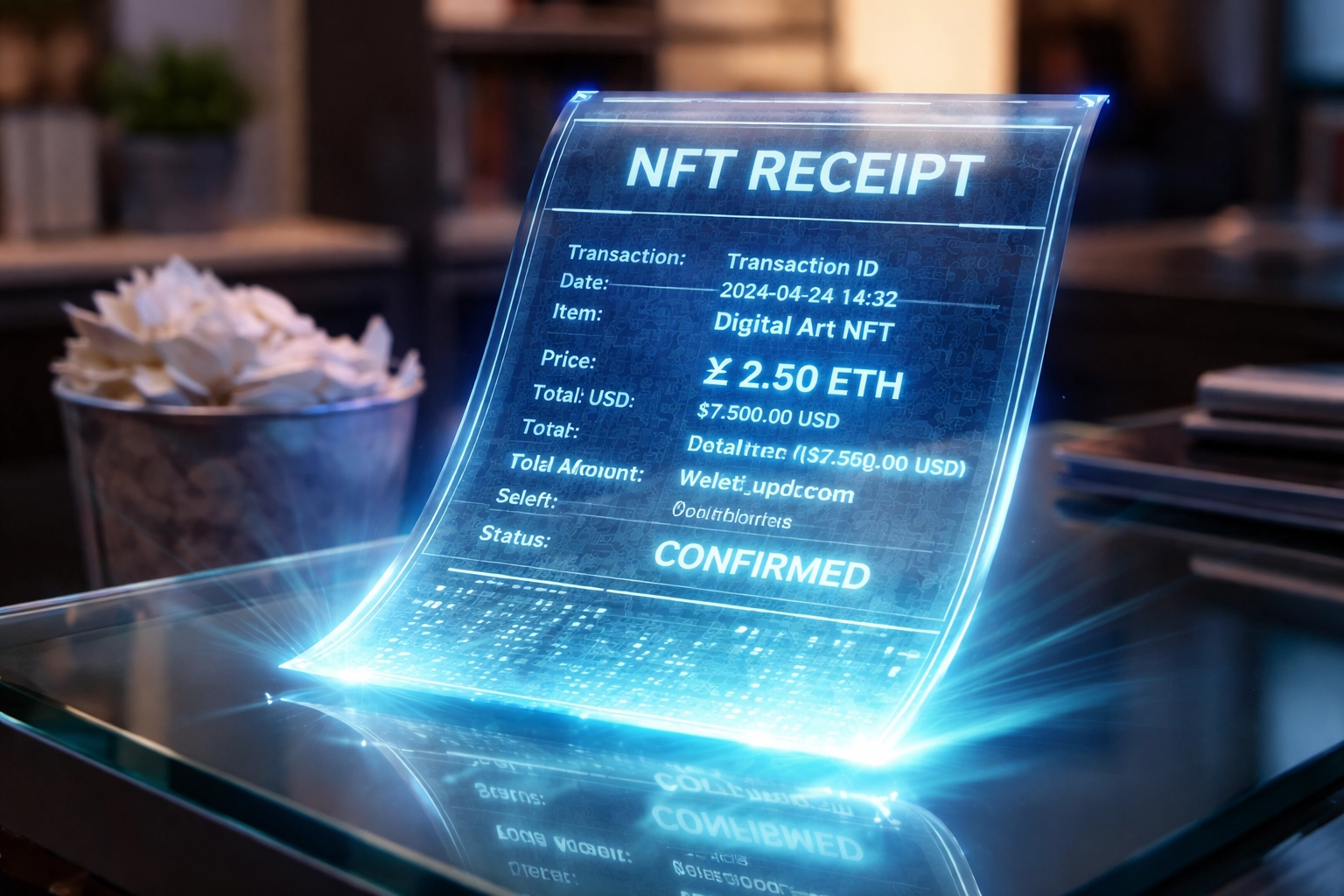 Modern office desk showcasing a digital NFT receipt for crypto payments, symbolizing effortless accounting