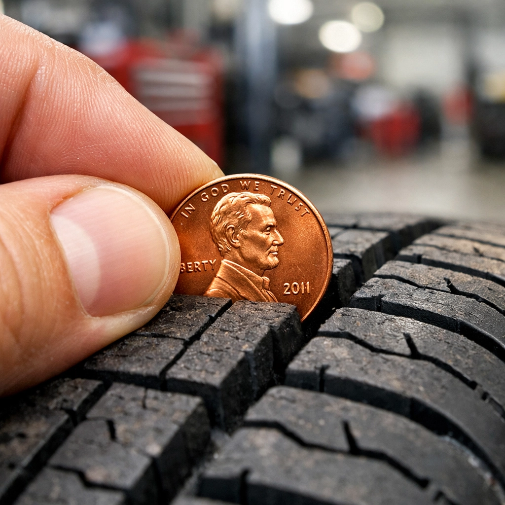 Using the penny test to check tread depth and identify signs you need new tires.