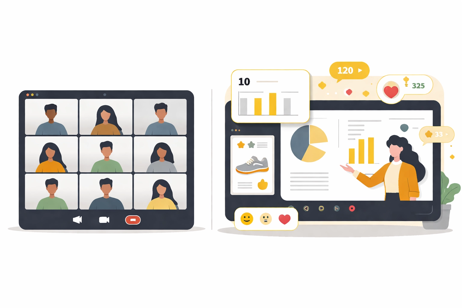Comparison of traditional video conferencing versus interactive webinar platform with engagement tools