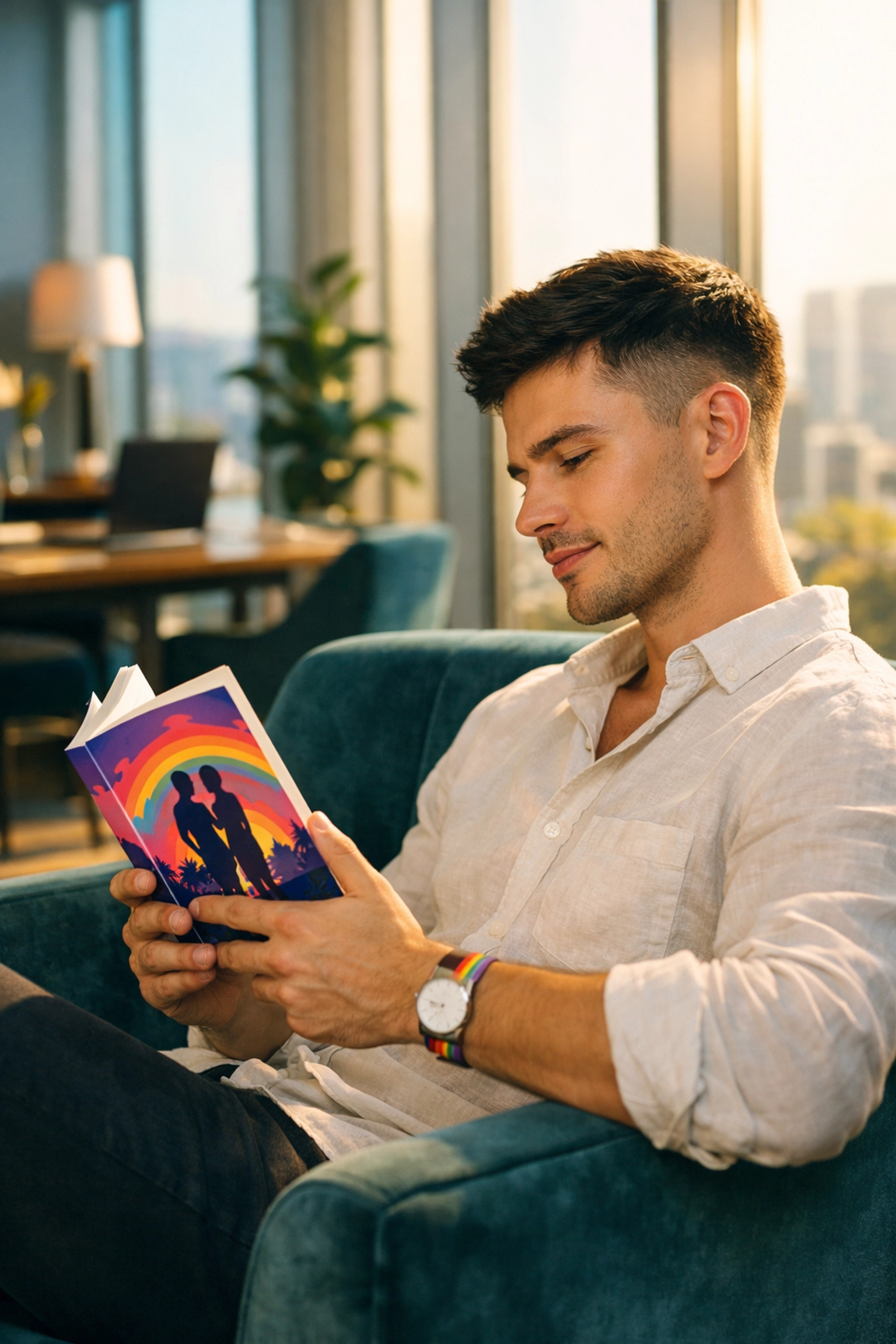 Gay professional reading an MM romance book in a sunny office, practicing self-care through queer fiction.