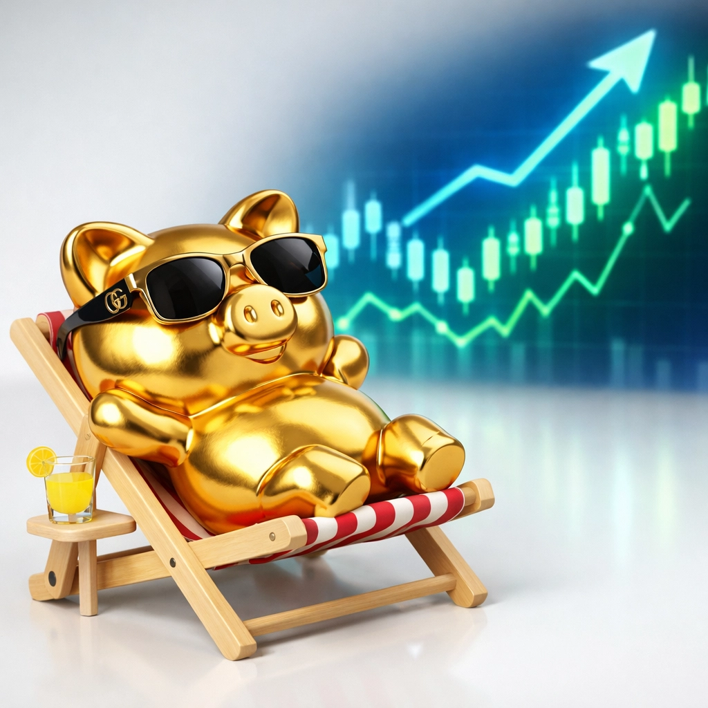A golden piggy bank relaxing on a lounge chair, symbolizing lazy cash in a 2026 savings account.