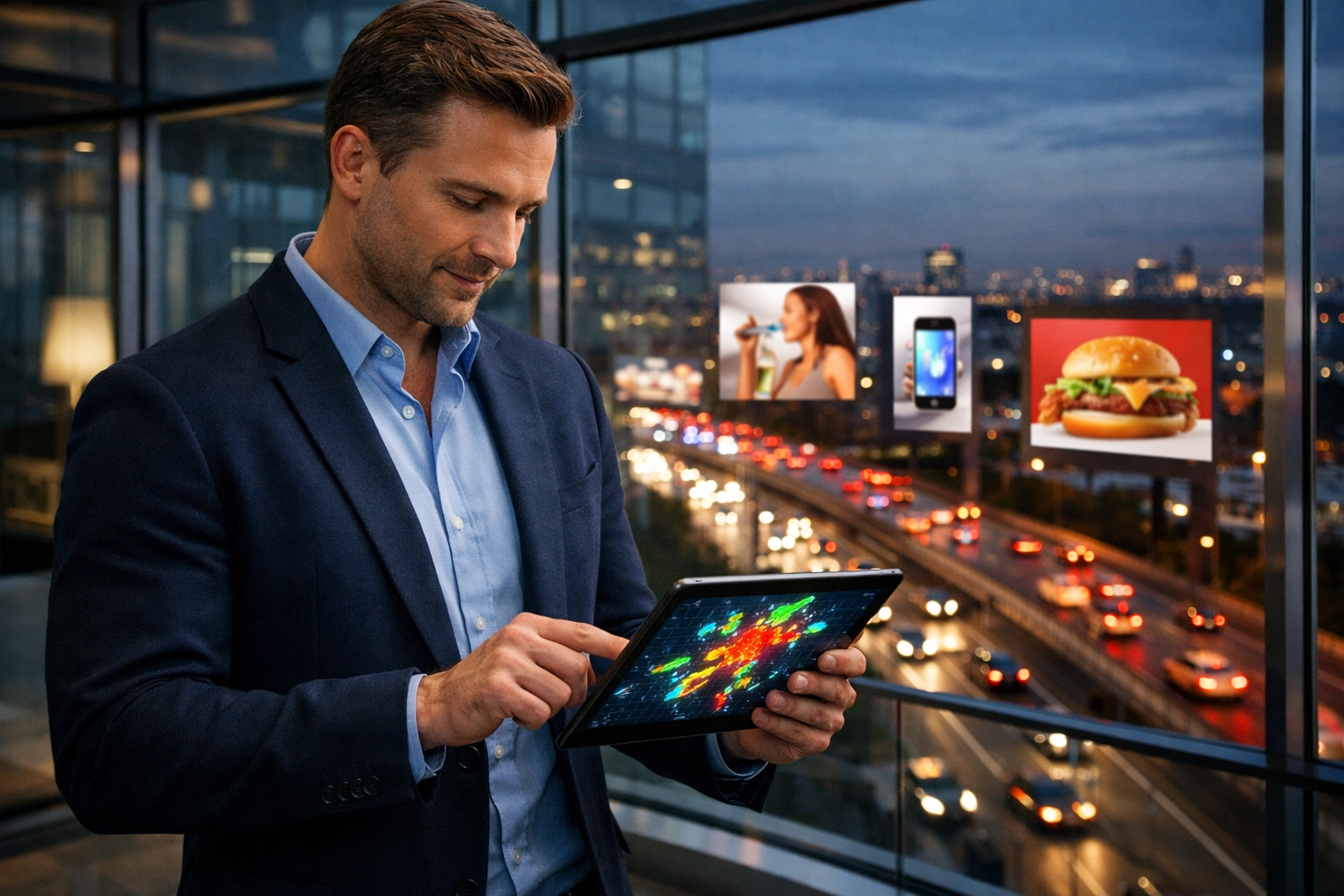 Business executive analyzing advertising ROI and city data with digital billboards in the background.