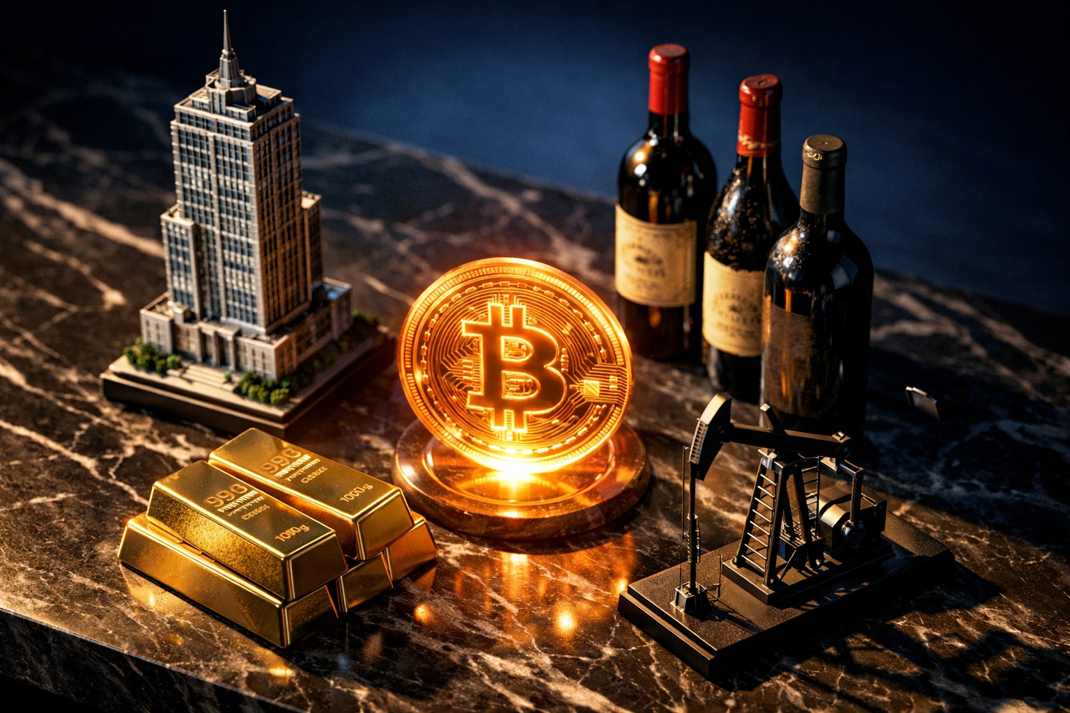 Alternative investment assets including real estate, gold, Bitcoin, commodities, and fine wine on display