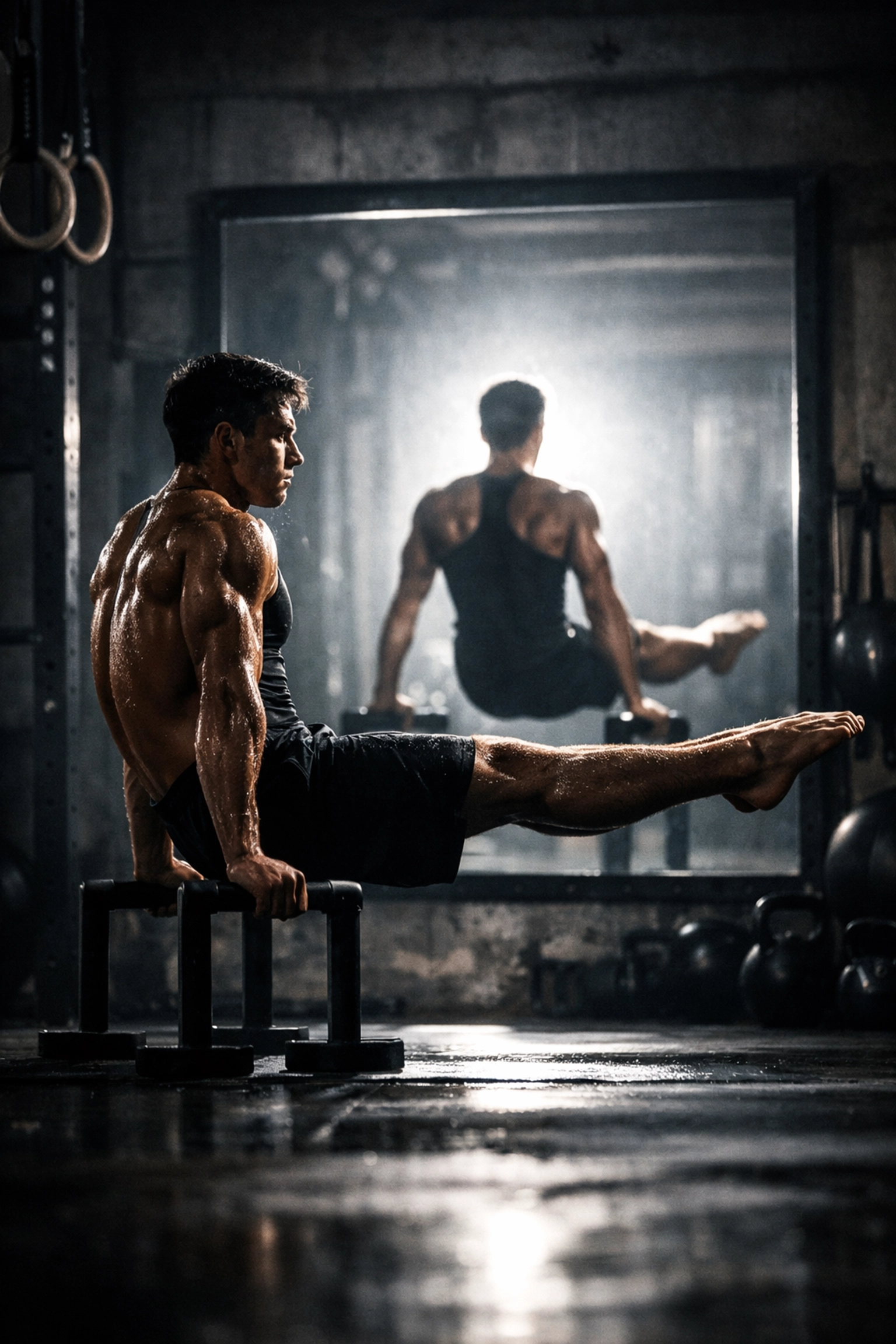 Gymnast using calisthenics equipment for home with a mirror to ensure perfect form and alignment.