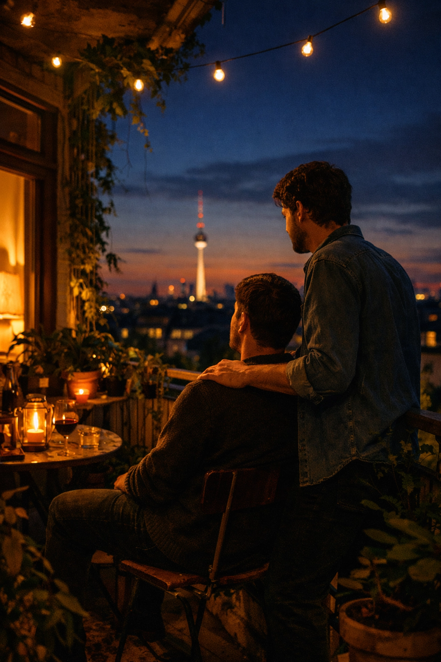 An intimate gay couple on a balcony overlooking the Berlin TV tower during a twilight sunset.