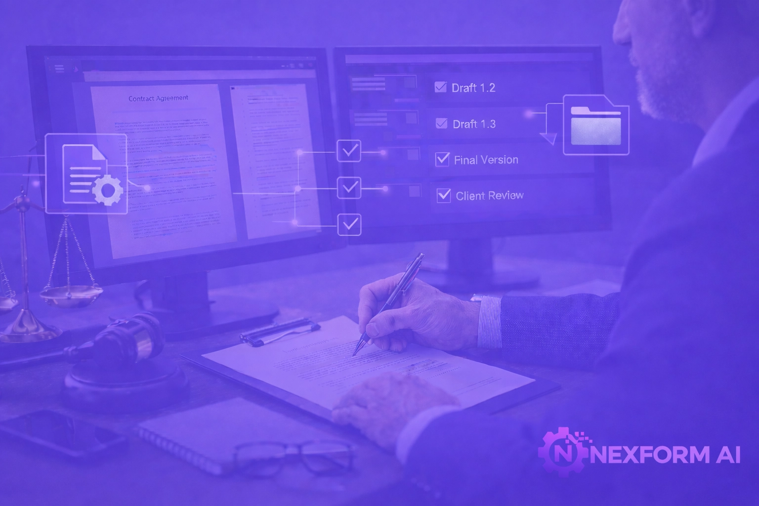 Modern legal workstation featuring dual monitors for efficient AI-powered document drafting.