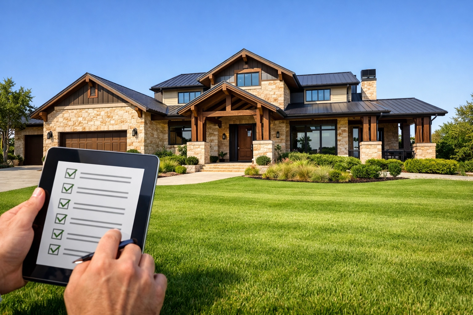 A homebuyer using an inspection checklist for a contemporary limestone house in San Antonio, TX.