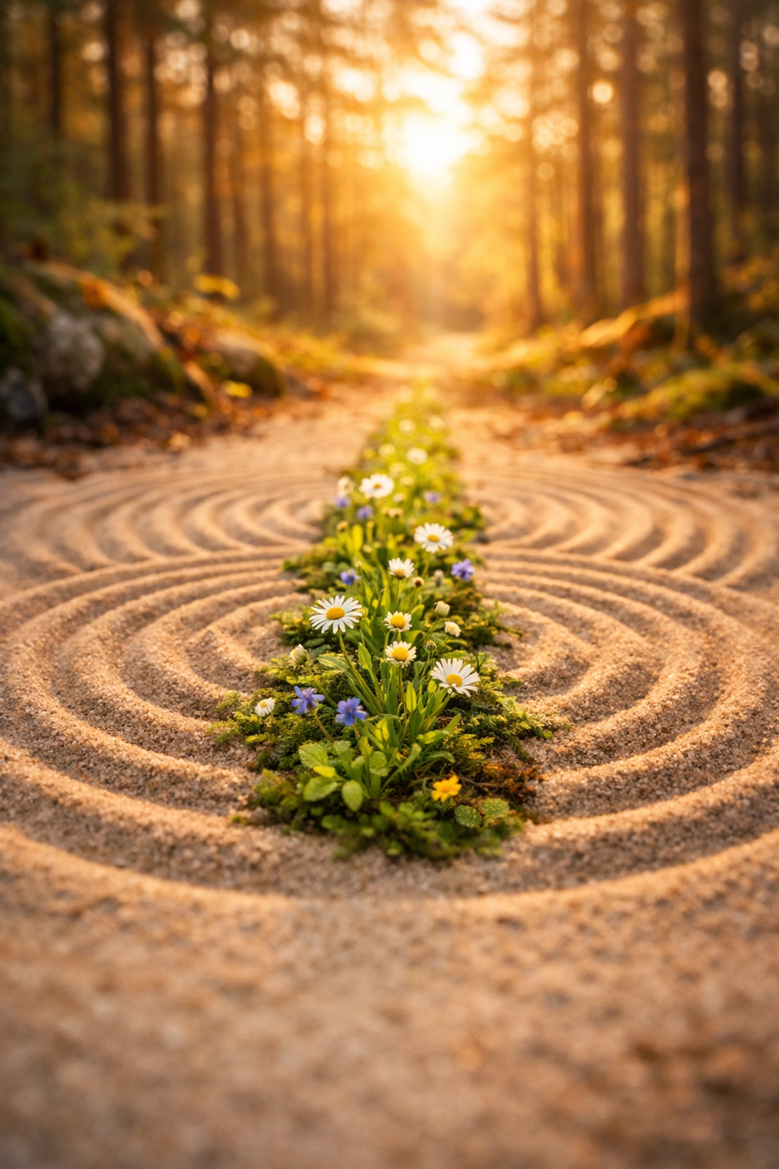 A nature path breaking circular sand ripples, representing the journey to heal core wounds and shift orbits.