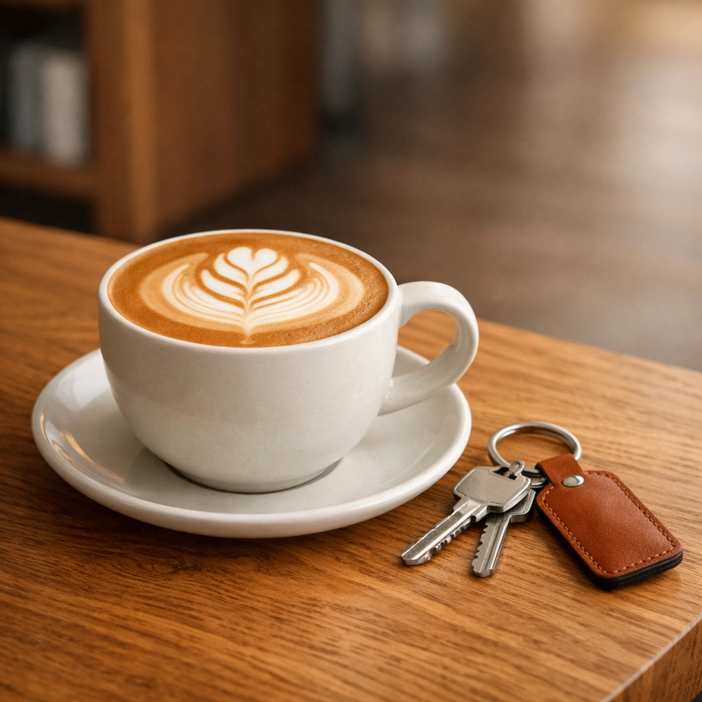 Professional remortgage advice in Woking represented by house keys and a calm morning coffee.