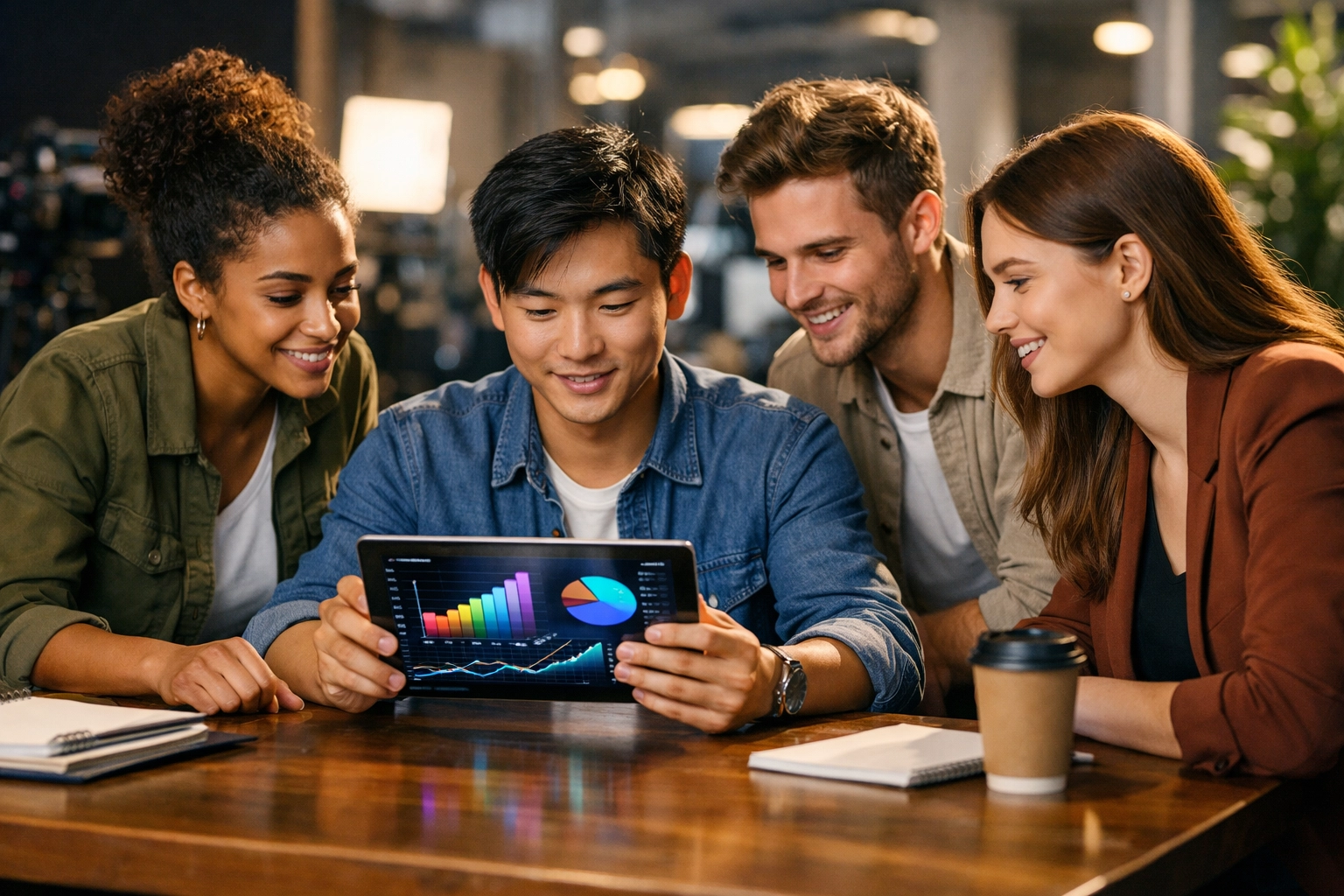 Diverse professional team reviewing digital data analytics and charts in a modern creative workspace.