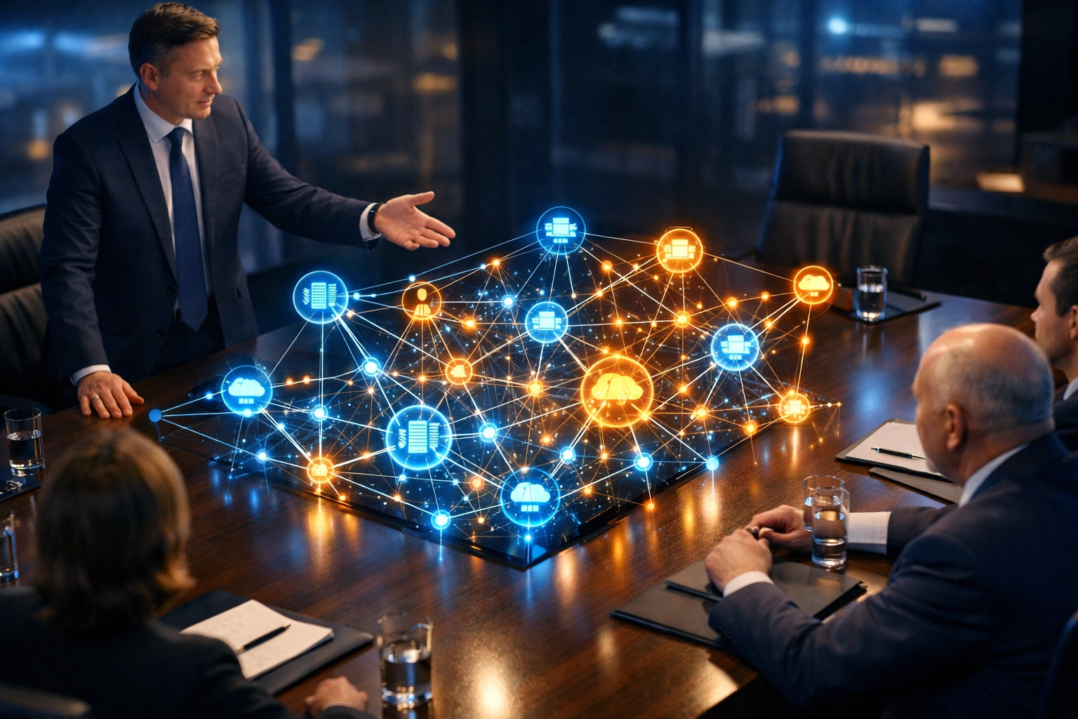 Technology advisor presenting strategic vendor-neutral solutions to business leaders in a modern boardroom.