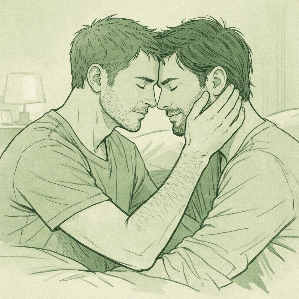 Gay couple in tender embrace showing first-time intimacy and emotional healing