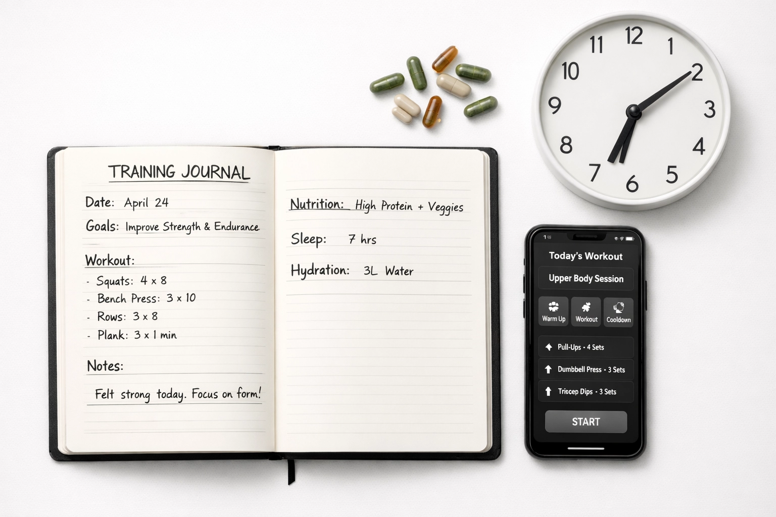 Training journal with nootropic supplements and morning schedule for workout consistency