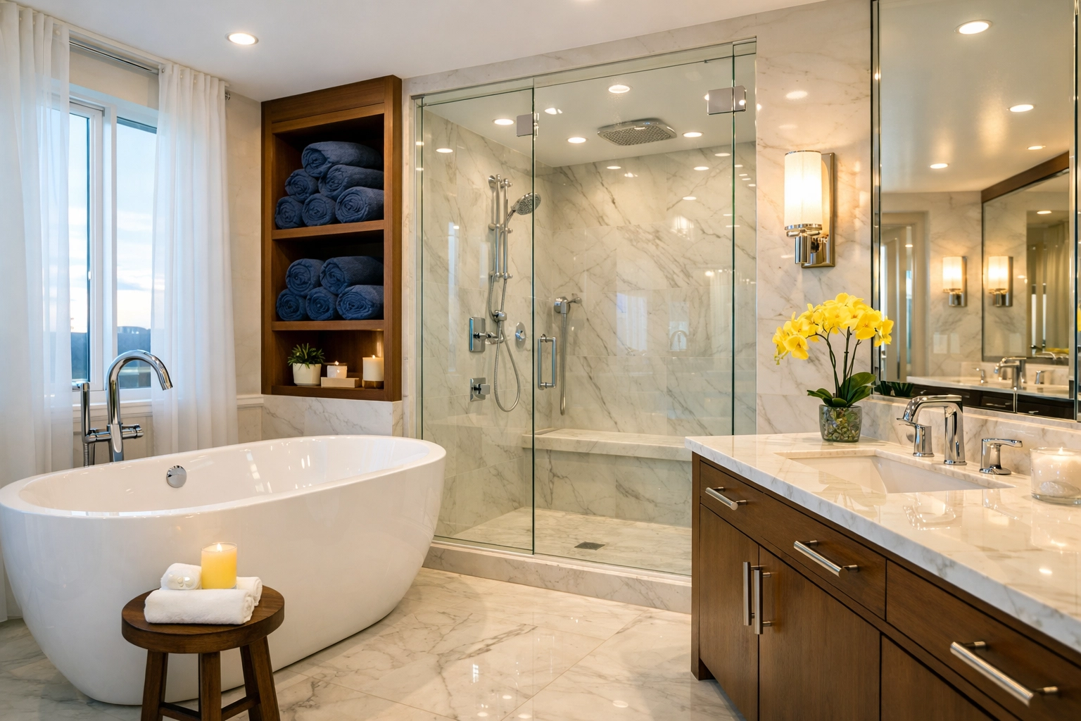 Pristine luxury master bathroom featuring sanitized surfaces from a Pepperell MA residential cleaning service.
