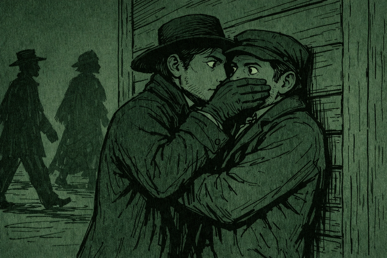 Two men hide from pursuers during tense Underground Railroad escape in MM romance thriller