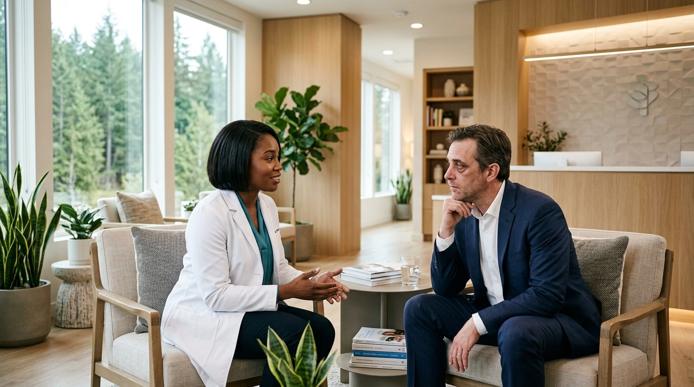 [HERO] Black female doctor speaking with a tired, frustrated white male executive in a calm, upscale Solshine-style clinical space.