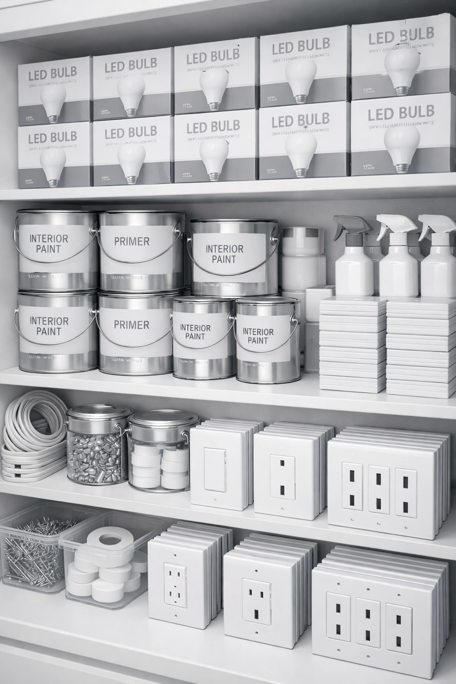 Organized maintenance supply closet with paint and hardware for efficient apartment turnovers.