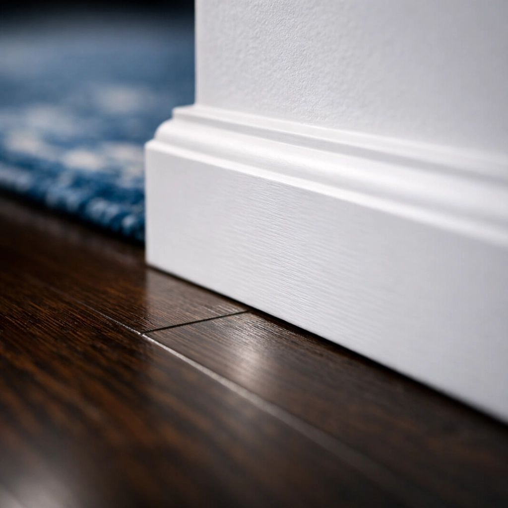 Detailed view of dust-free baseboards and professionally cleaned hardwood floors in Salisbury.