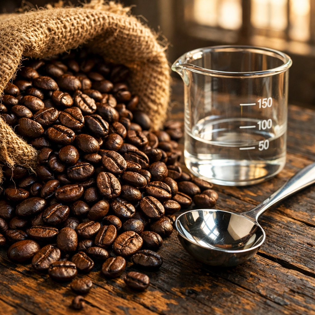 Lab-tested mold-free specialty coffee beans with a science beaker on a rustic wood table.