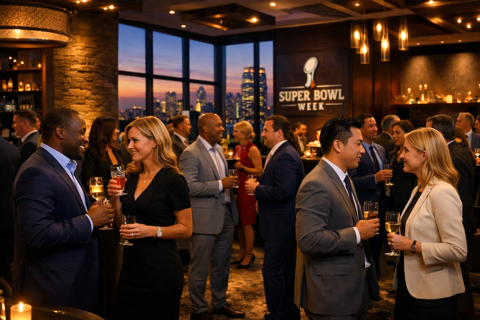 The Ultimate Executive Guide to Super Bowl Logistics and Branding Corporate executives networking at exclusive Super Bowl week business event and reception