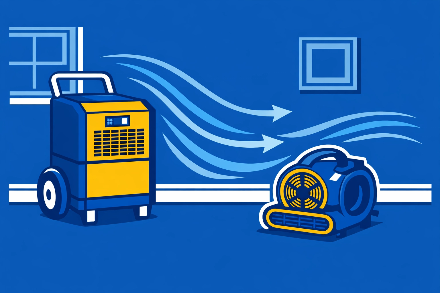 Illustration of professional dehumidifier and air mover used in water damage restoration and flood cleanup.