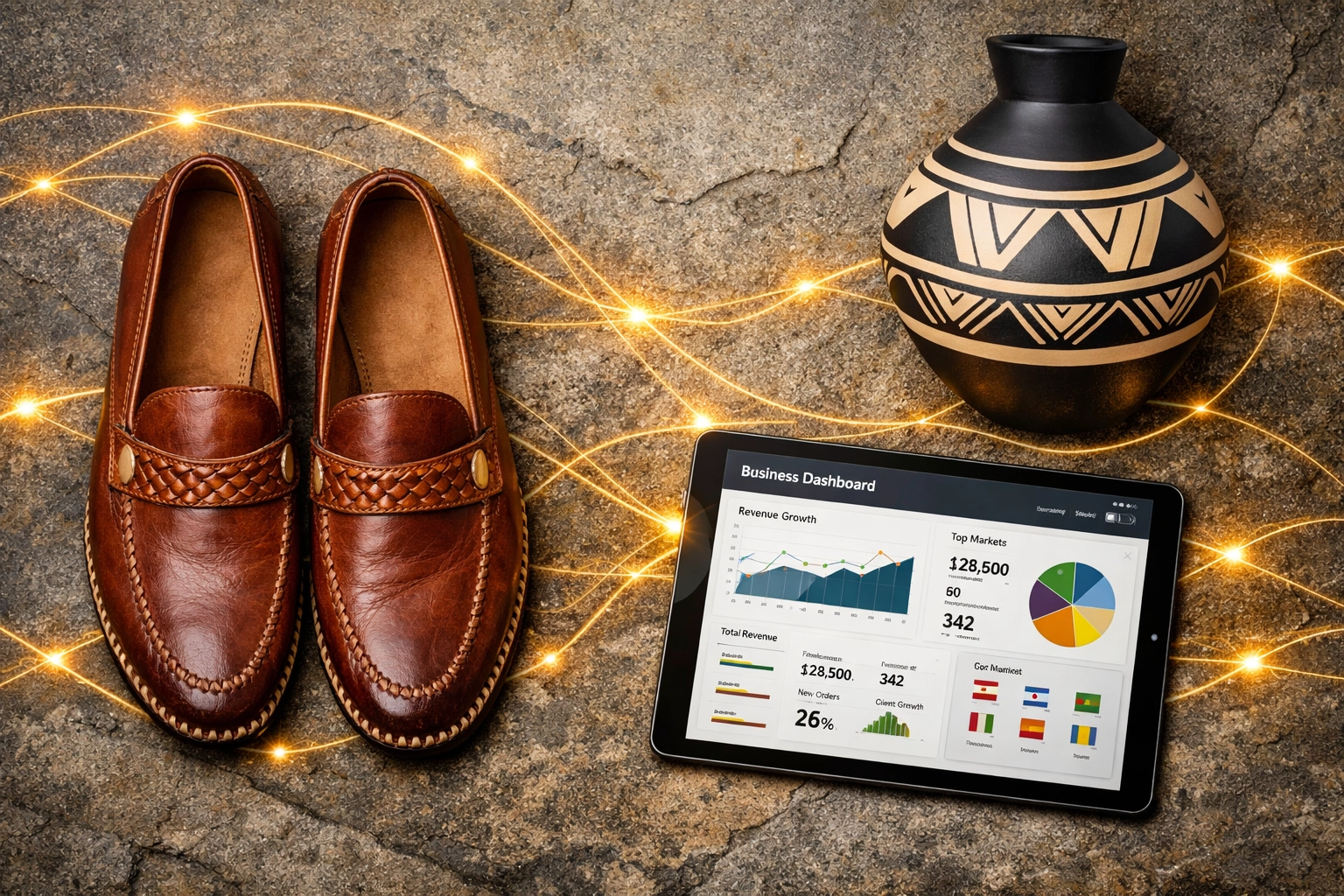 African crafts connected to a digital dashboard within the Vendoura B2B marketplace and operating system.