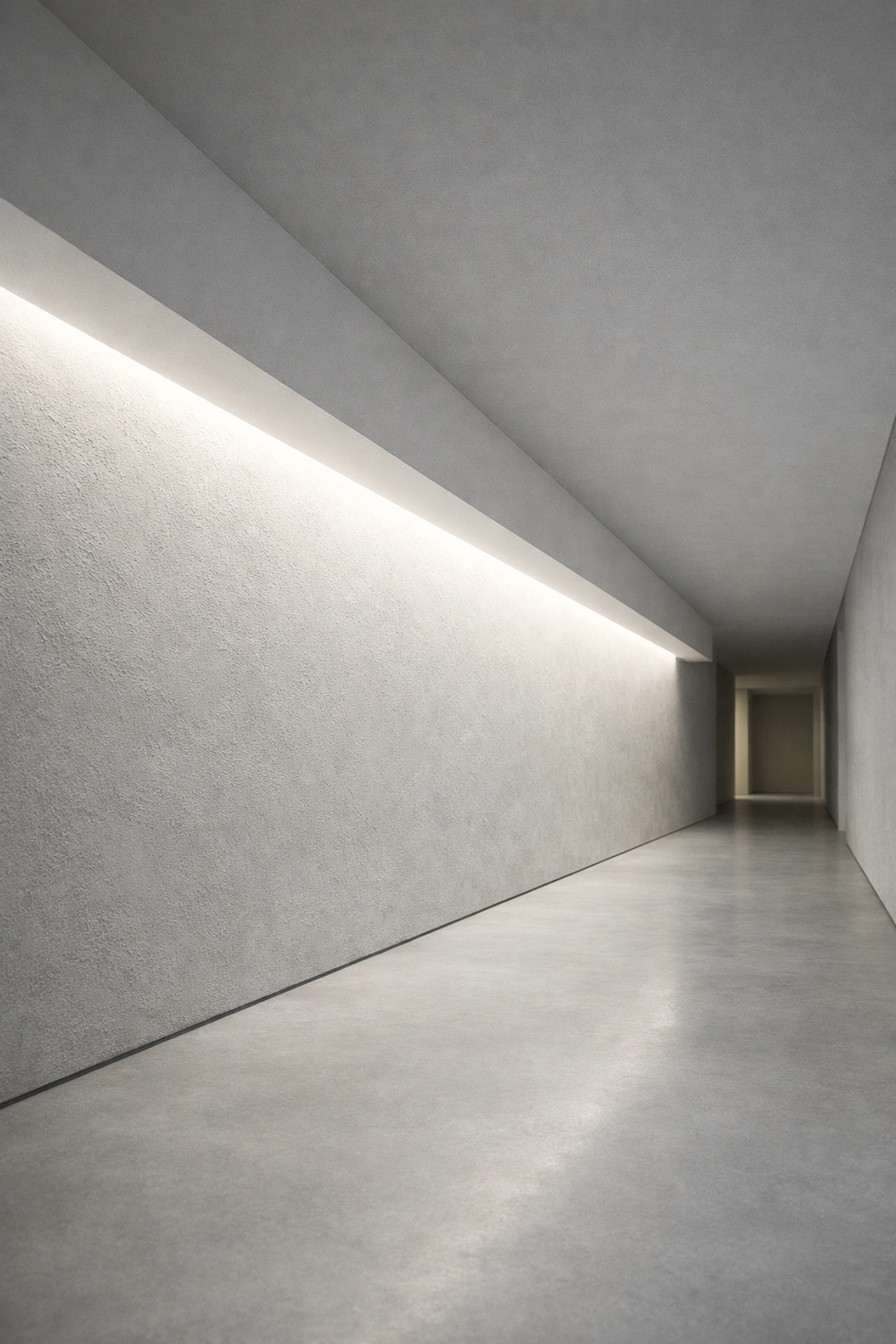 Modern hallway featuring hidden architectural linear LED lighting in a floating ceiling design.