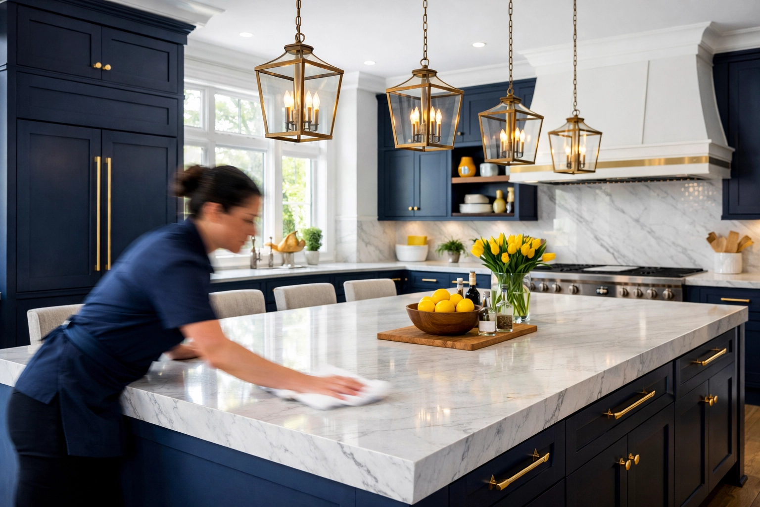 A professional Dover house cleaner efficiently sanitizing a high-end kitchen with marble countertops.