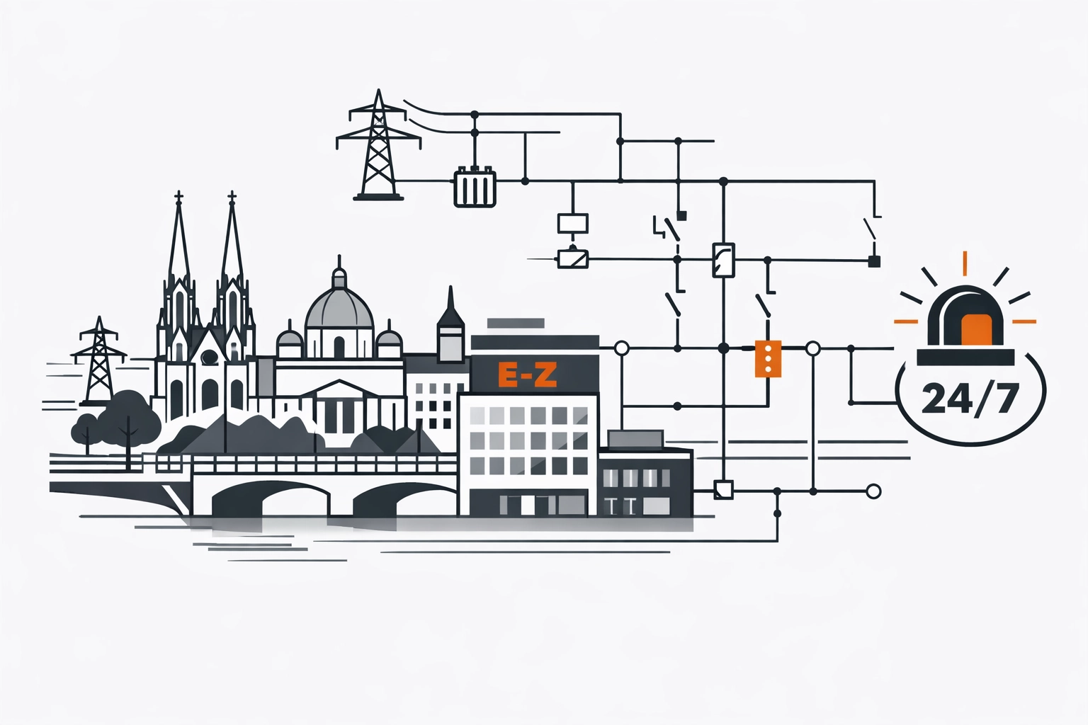 Illustration: Gebäude-Infrastruktur 1090 + Schaltplan-Linien + abstraktes Notdienst-Signal im Elektro-Zentrum CI-Stil (Schwarz/Grau/Weiß, Akzent-Orange)
