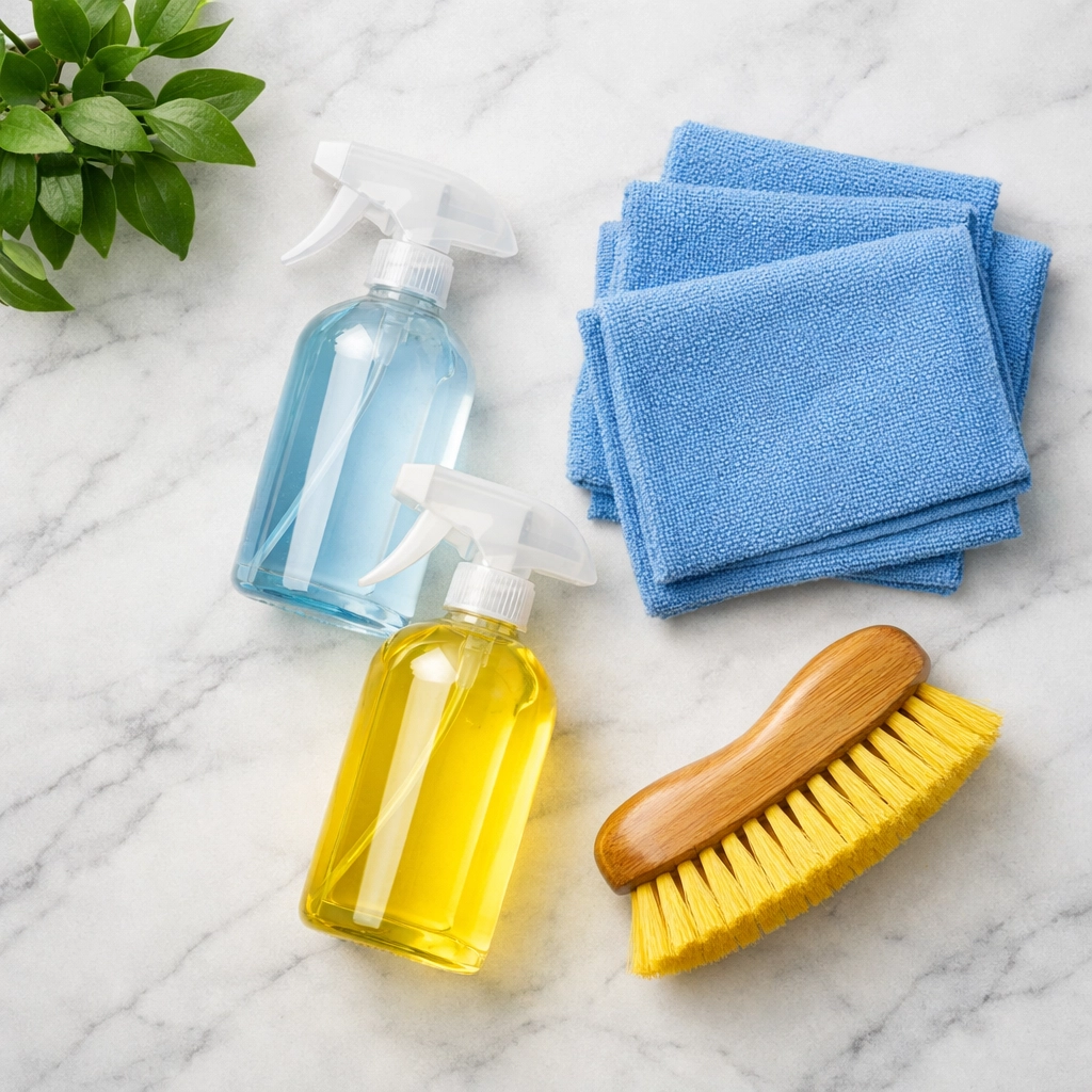 Eco-friendly and pet-safe cleaning supplies used for apartment cleaning in Boston.