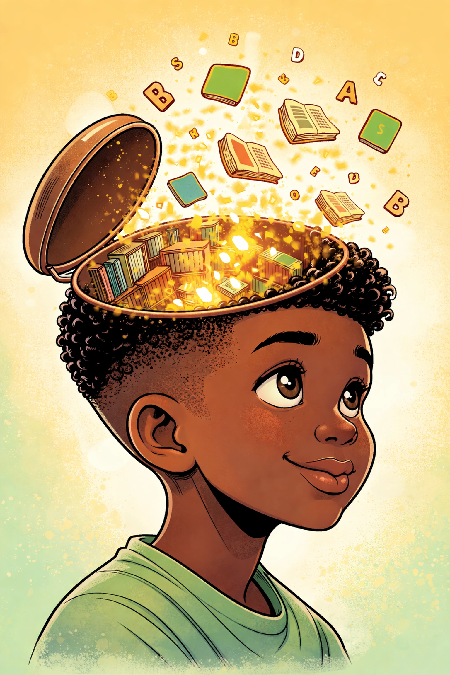 Comic-style illustration of a young Black boy imagining a glowing library in his mind, symbolizing a growing lexicon.