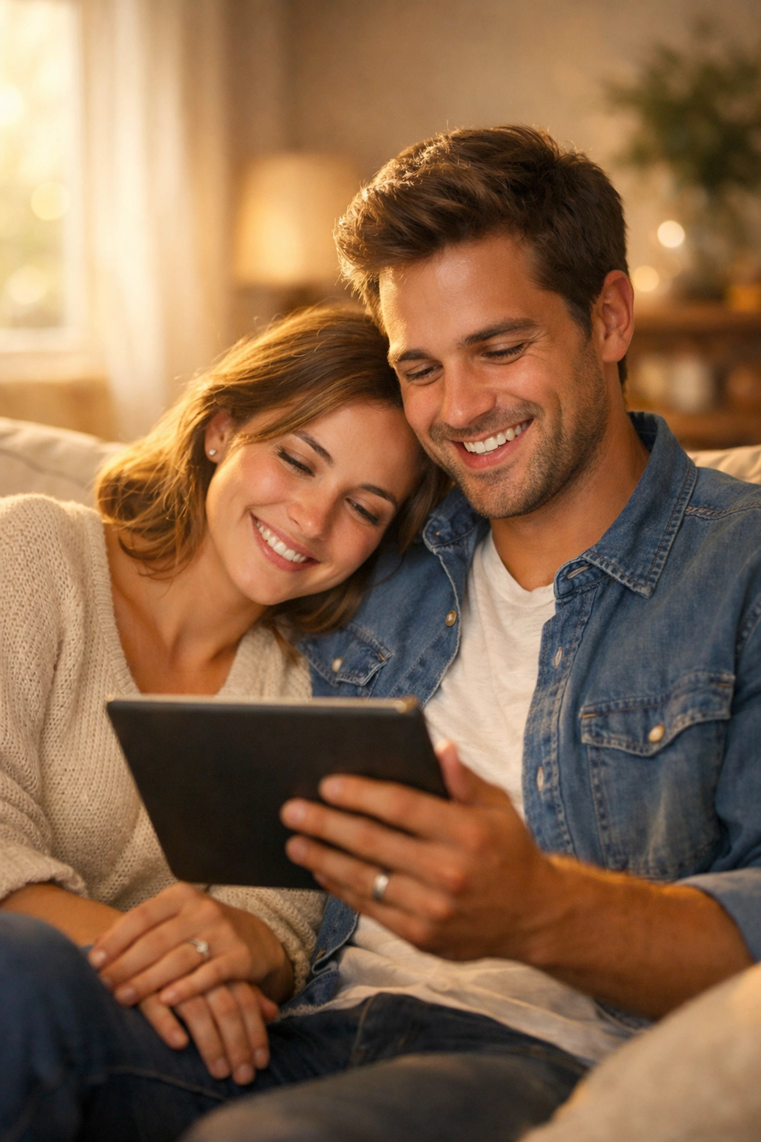 Engaged couple reviewing digital wedding funding progress together on tablet looking happy and relieved