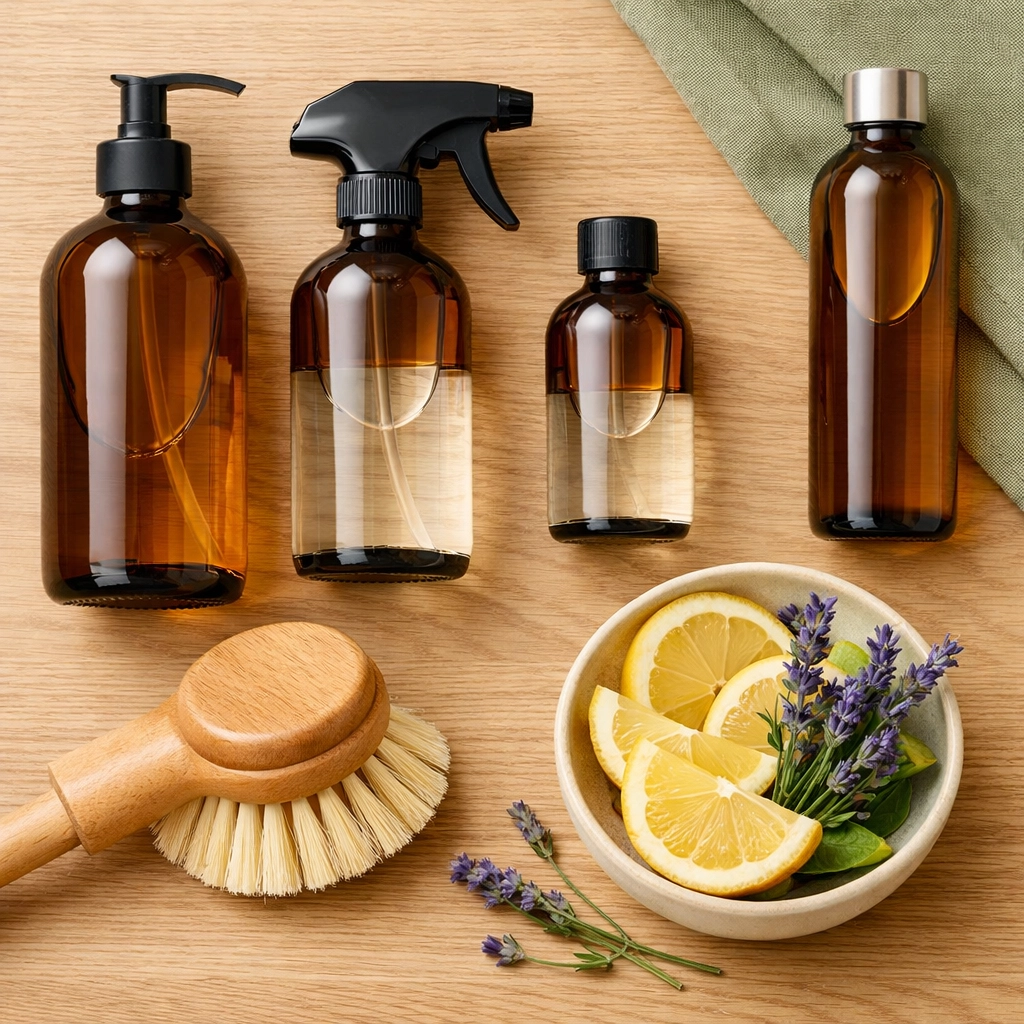 Curated eco-friendly cleaning supplies including glass bottles and natural brushes for luxury homes.