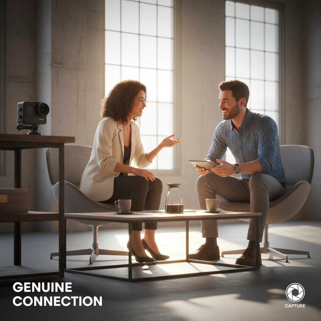Two people engage in a lively conversation in a sunlit room, capturing the essence of genuine connection through shared dialogue and technology.