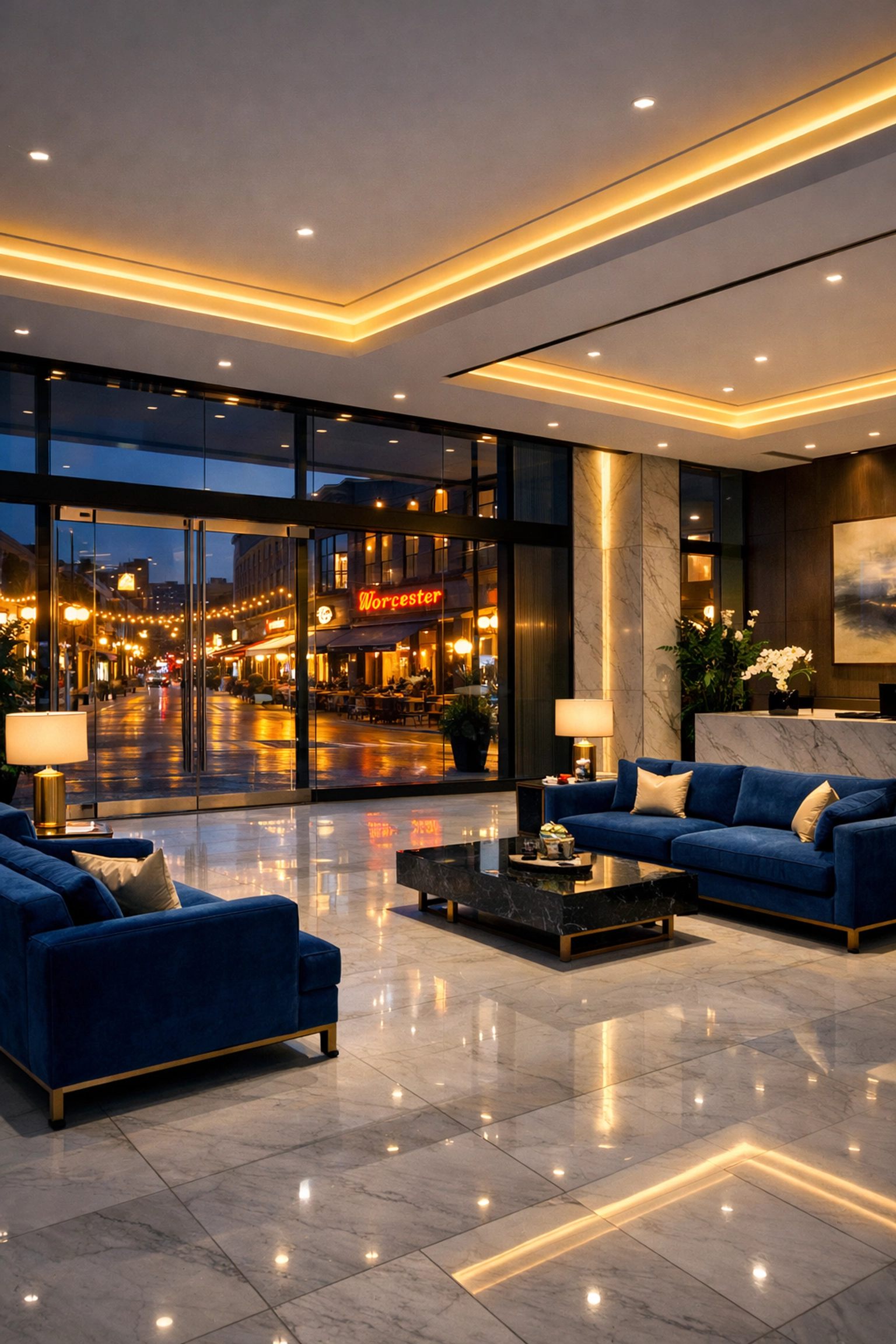 Sanitized luxury office lobby on Shrewsbury Street with polished floors from expert office cleaning in Worcester.