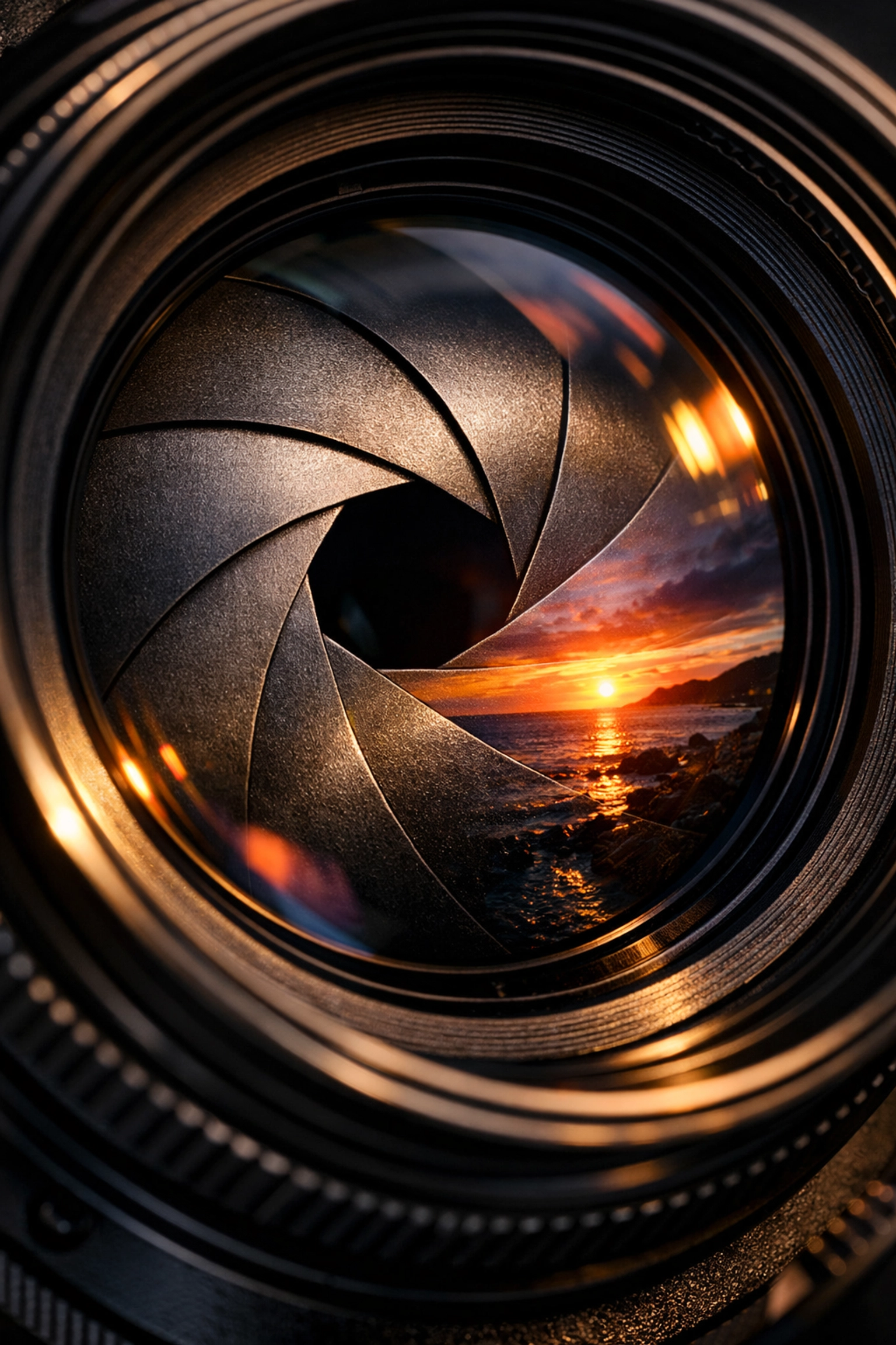 Close-up of a camera lens with visible aperture blades reflecting a sunset for photography beginners.