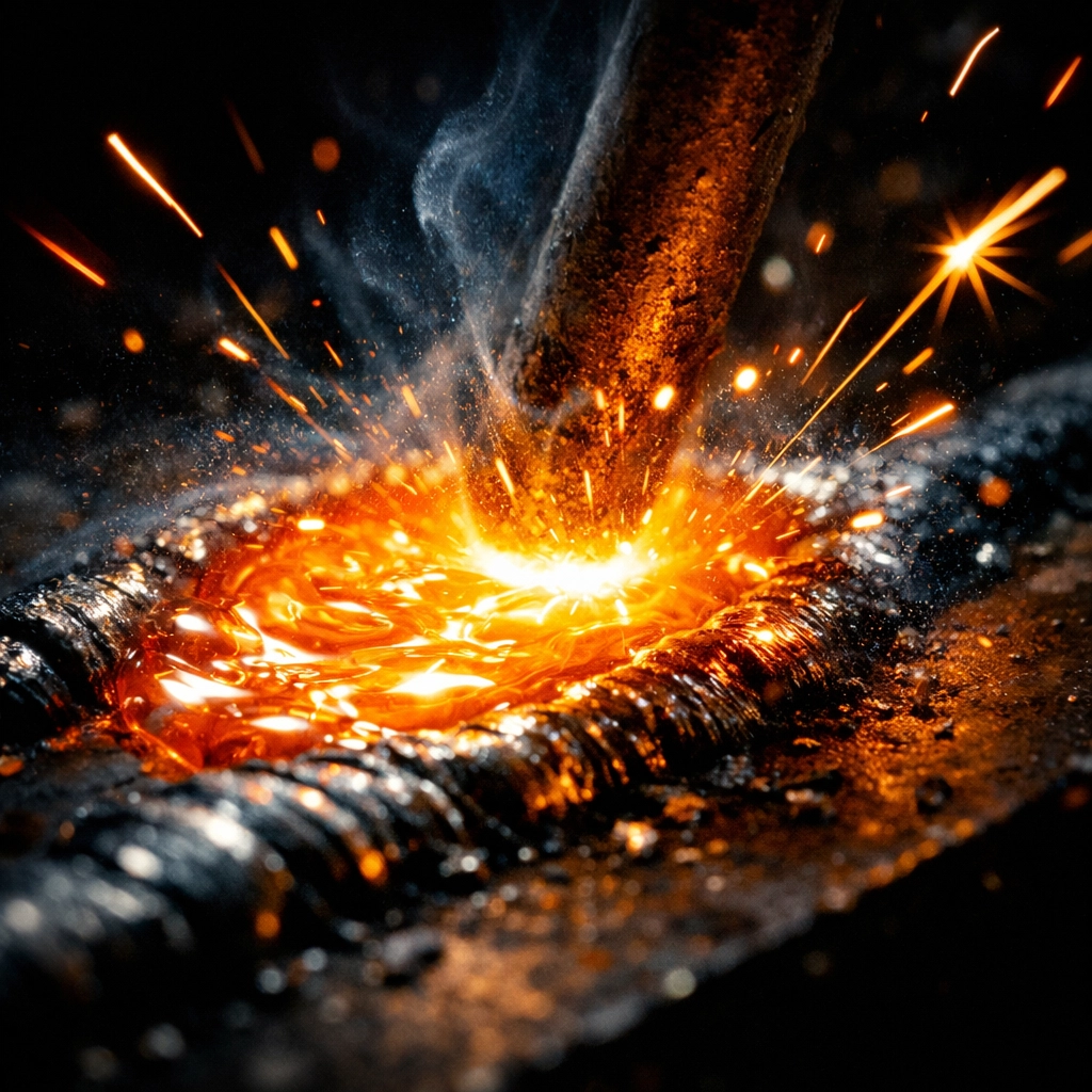 Close-up of molten weld puddle protected by shielding gas during MIG welding