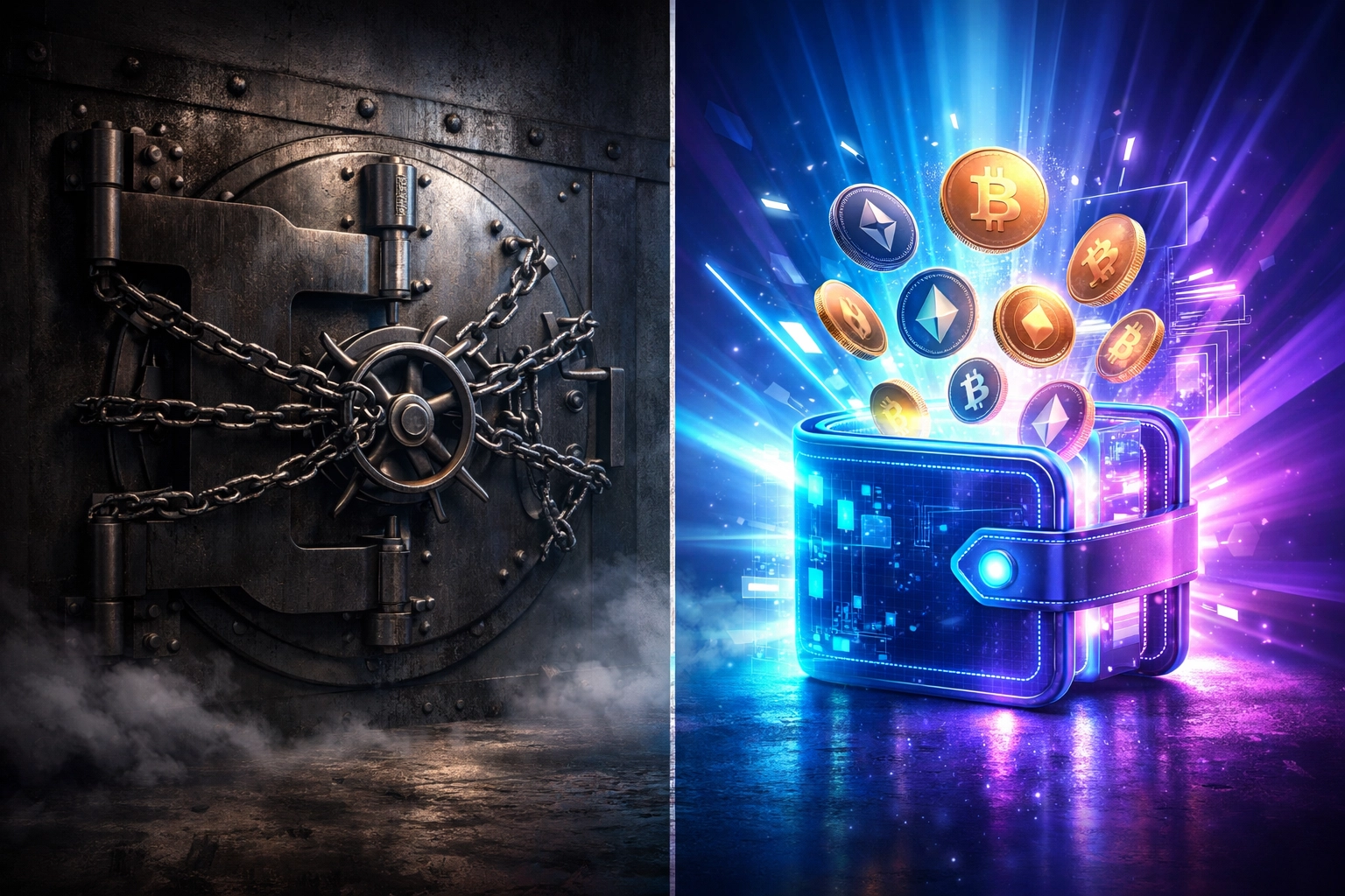 Centralized custody vault versus self-custody crypto wallet showing merchant payment freedom