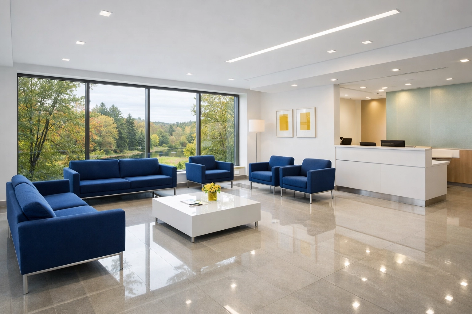 Pristine medical office waiting room in Harvard, MA with polished floors and hygienic clinical seating.