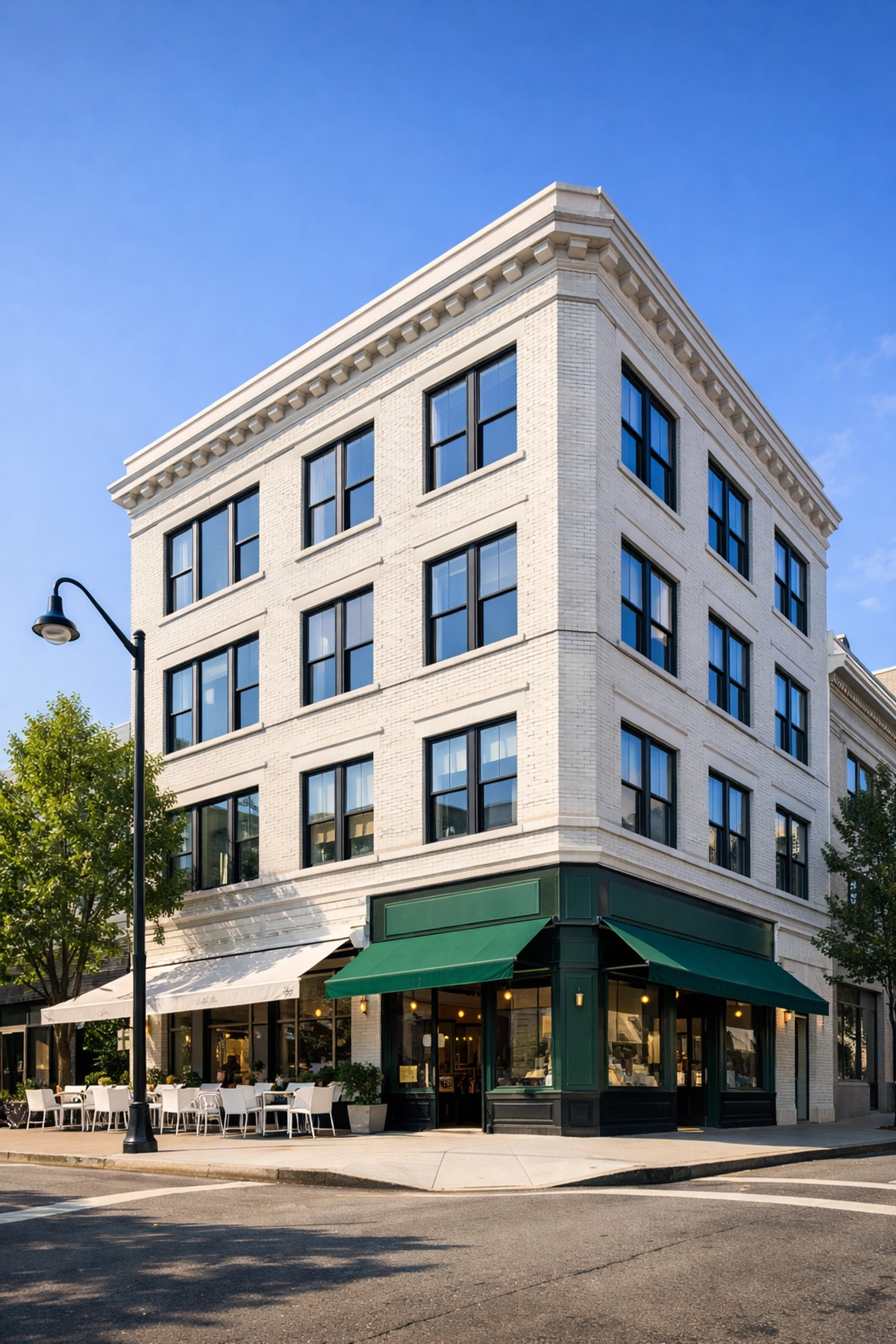 Renovated mixed-use building featuring a ground-floor restaurant, retail storefronts, and residential apartments.