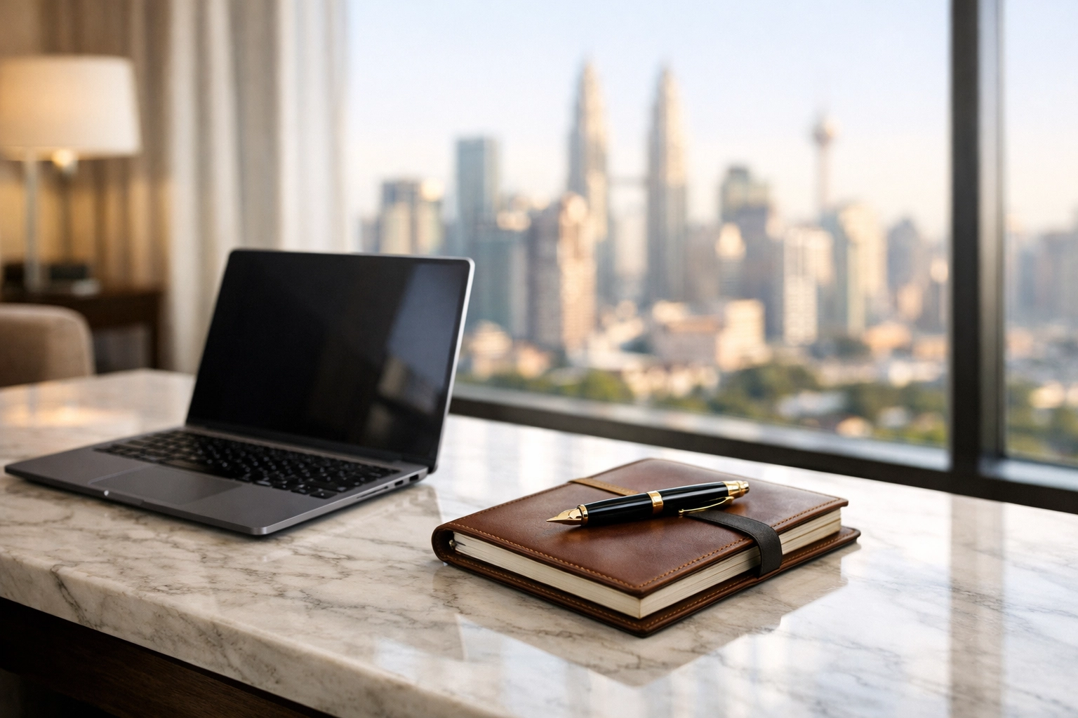 A luxury hotel executive workspace used for measuring ROI and corporate travel strategy success.