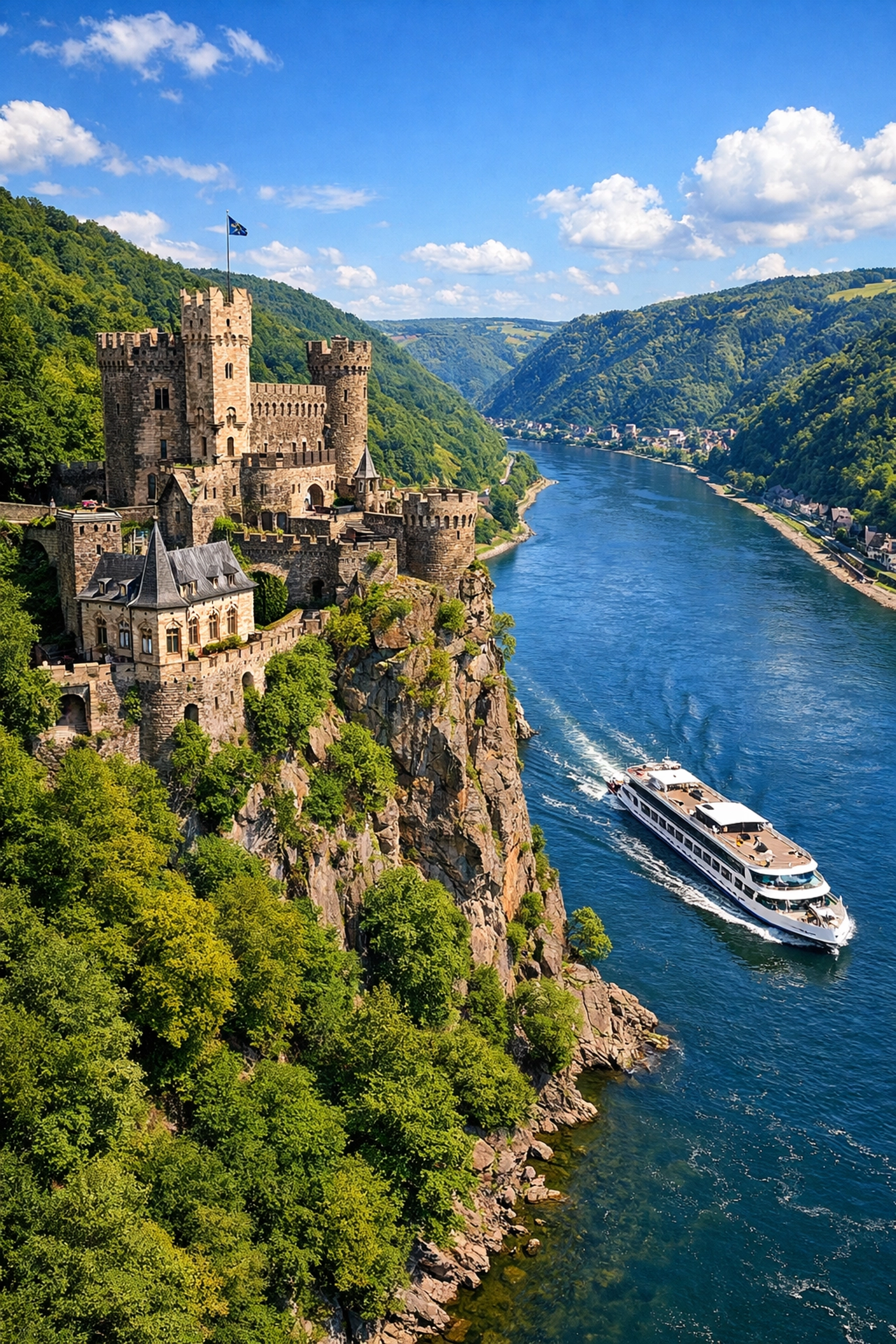 Aerial view of a cruise ship sailing past a medieval castle in the scenic Rhine Gorge.