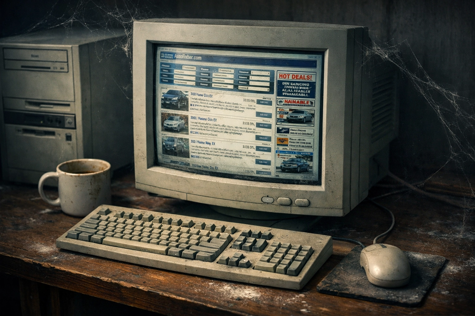 Outdated desktop computer displaying cluttered legacy car shopping website from early 2000s