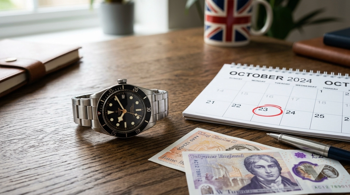 Close-up of a wristwatch and a calendar with a date circled, with British pound notes nearby, symbolising the importance of timing.