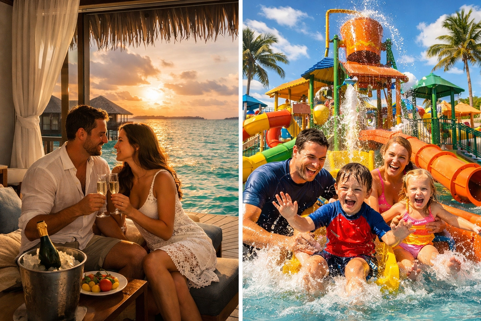 Sandals vs Beaches comparison: romantic overwater bungalow and family water park experience