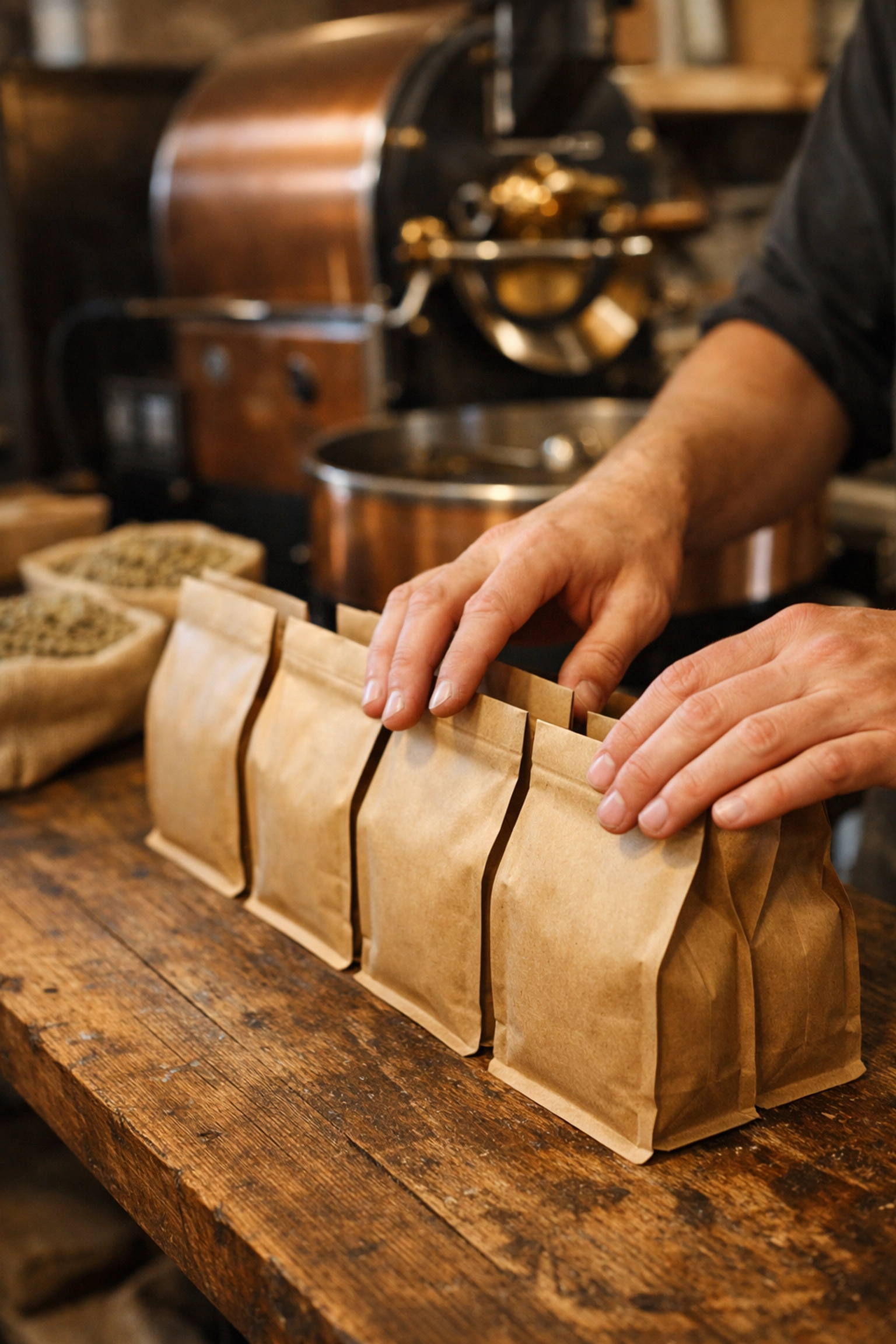 Artisanal coffee roasting and packaging process for white-label coffee dropshipping partners in the UK.