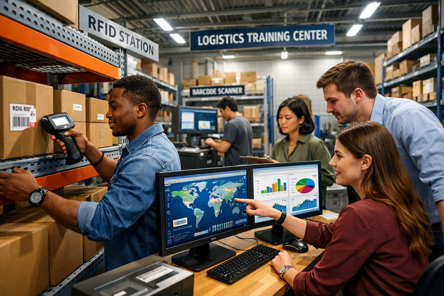 Logistics training pod with warehouse equipment and supply chain technology