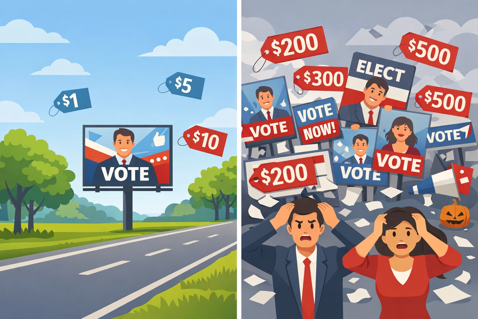 Comparison of low spring advertising costs versus high October political ad rates and competition