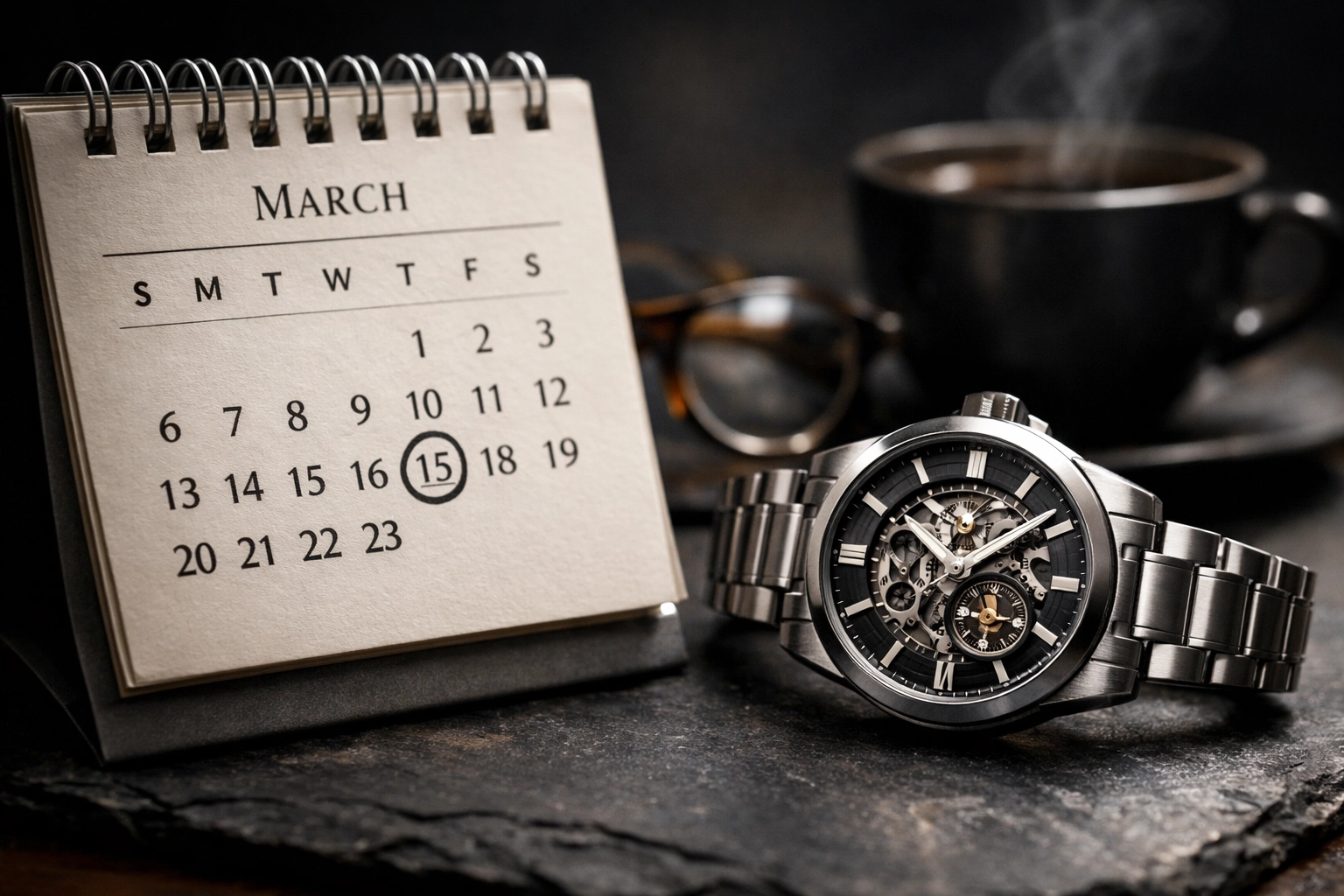 Desk calendar and watch highlighting the importance of meeting CIS monthly return deadlines.